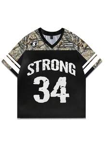 Manfinity EMRG Men's Summer Casual Patchwork Branch & Letter Print V-Neck Short Sleeve T-Shirt - Multicolor - View 2