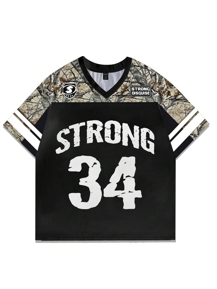 Manfinity EMRG 男士夏季休闲拼接树枝字母印花V领短袖T恤 - 彩色 - 查看 1