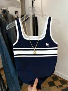 Resyla Women's Casual Knight Print Patchwork Striped Trim Fitted Tank Top, Summer - Navy Blue - View 4