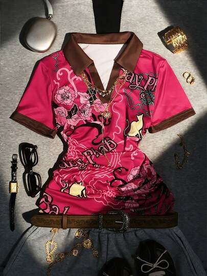 Glimmora Women's Retro 2000s Polo Collar Printed Short-Sleeved T-Shirt, Suitable For Vacations, Music Festivals, School, Daily Commutes, Casual Vacations, Island Fashion, And Looks. A Great Gift For Friends.