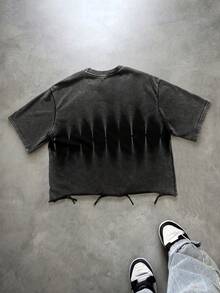 ROMWE MEN Men's Casual Distressed Washed Loose Fit Round Neck Short Sleeve T-Shirt - Black - View 2