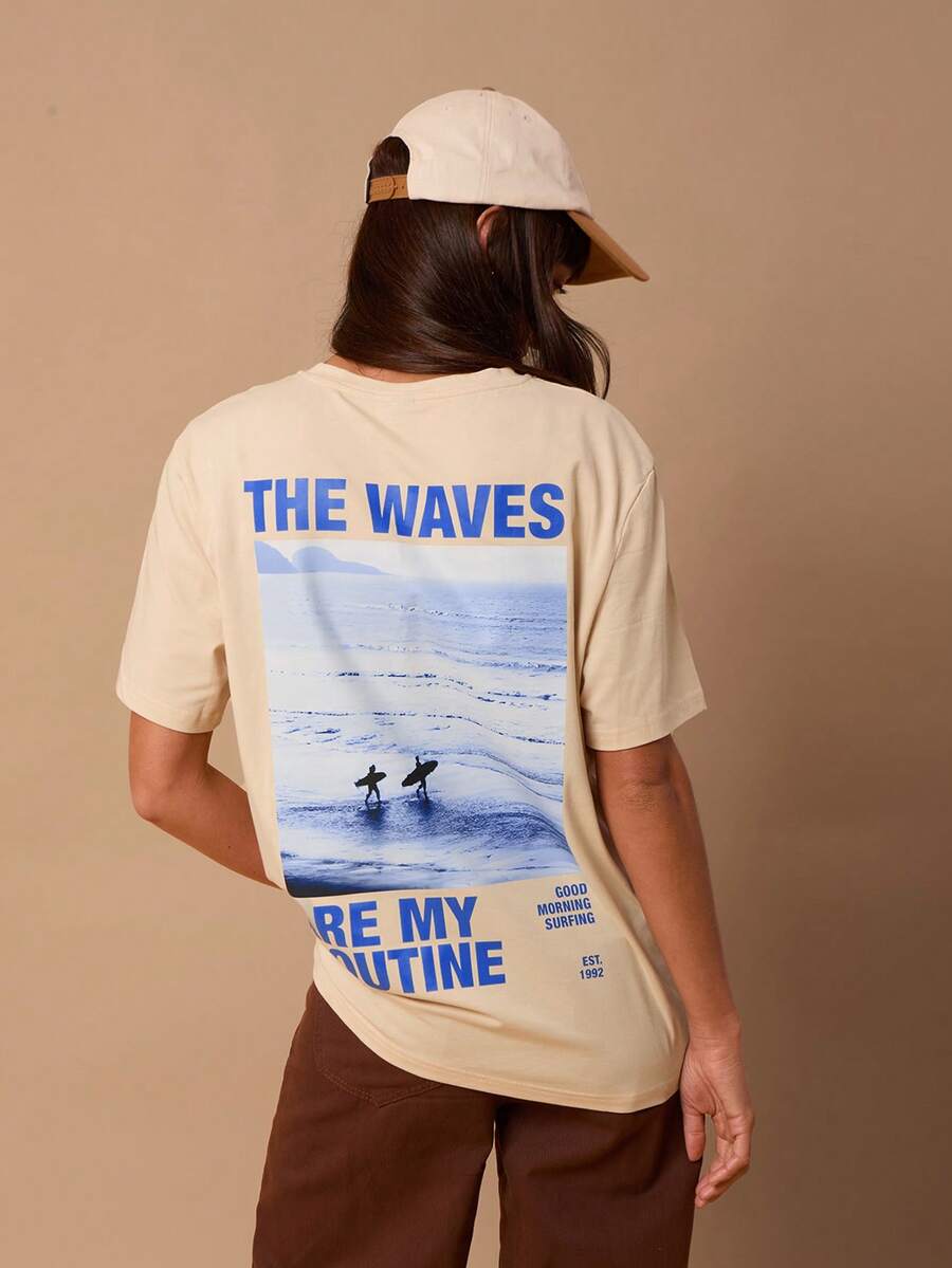 SURIMA Casual Minimalist Pattern Round Neck Loose Fit Women T-Shirt, Beach Tshirt - Apricot - View 1