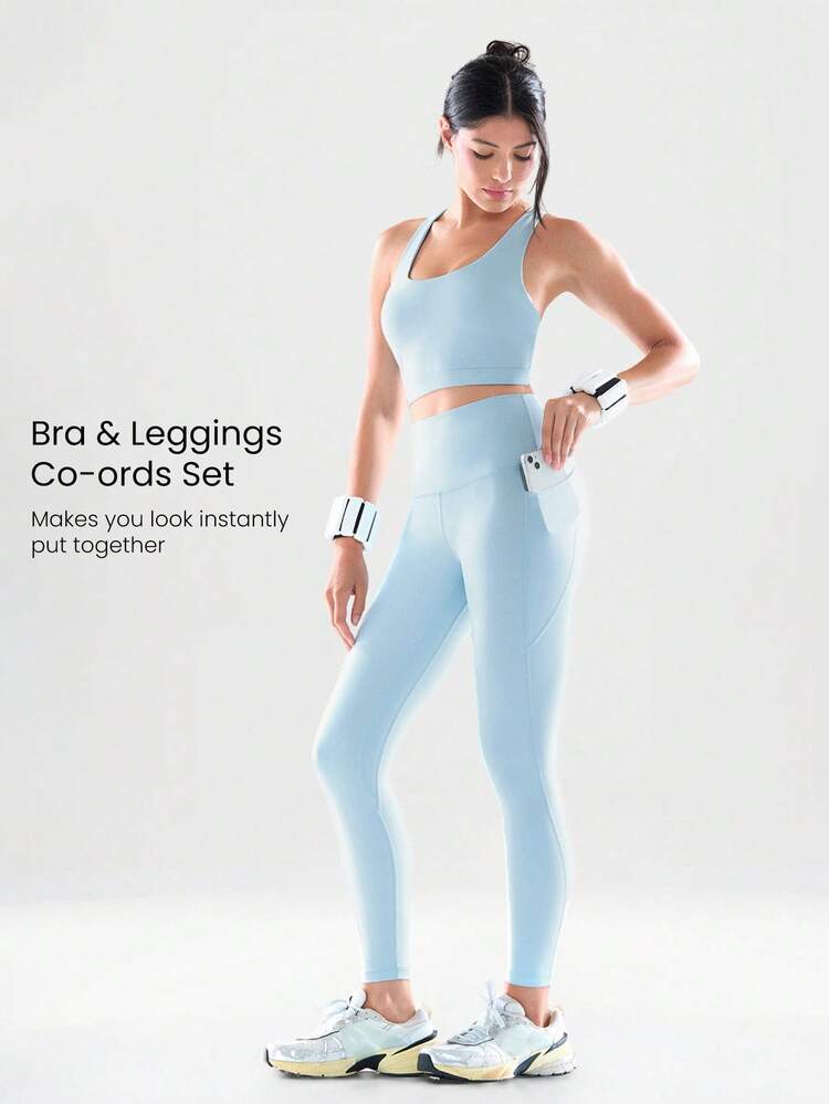 2 Pieces  Powersculpt™ Flex Your Fit Sweat-Wicking Cool Feel Crisscross Back Wide Straps Sports Bra & 24" Leggings Set High Impact Workout Running Training Removable Cups Spring Summer