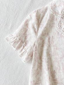 Young Girl'Pink Line Rabbit & Floral Pattern Ruffle Collar Short Sleeve Pants Casual Comfortable 2 Pieces Pajama Set,Family Matching Summer Pajama Set - Pink - View 4