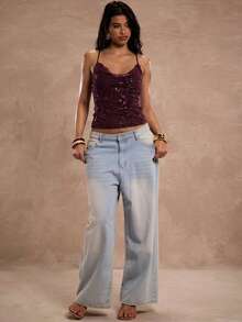 SHEIN BAE 女士纯色吊带修身亮面夏季背心 - 中紫紅色 - 查看 3