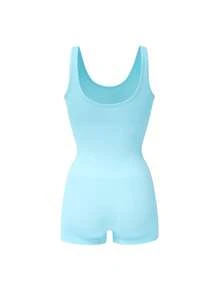 Eraneu 1pc Women Seamless Comfortable Tummy Control Lift Butt Bodysuit - Mint Blue - View 8