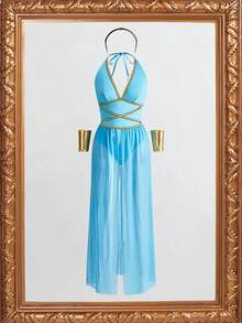 Women's Costume (Jumpsuit, Skirt, 2pcs Gloves, Headpiece) - Blue - View 1