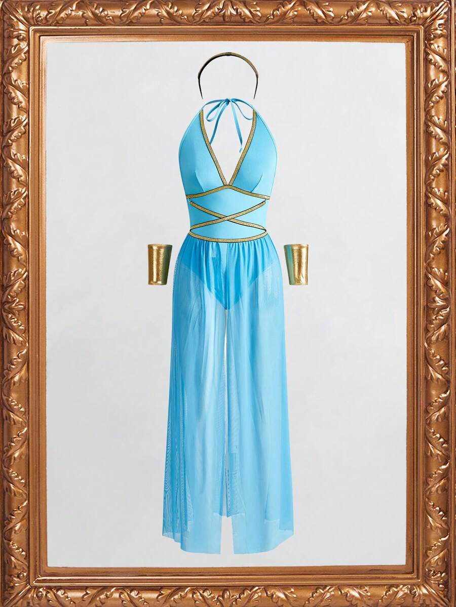 Women's Costume (Jumpsuit, Skirt, 2pcs Gloves, Headpiece) - Blue - View 1