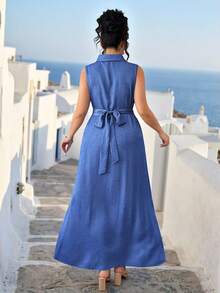 Elenzga Women's Plus Size Sleeveless Denim Effect Shirt Dress Long Blue With Collar And Pockets For Casual Wear - Blue - View 2