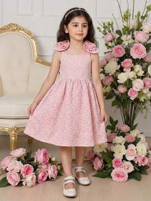 SHEIN Tween Girl Elegant Square Neck Sleeveless 3D Floral Decor A-Line Midi Dress For Party Holiday Celebration Tween Girl - Pink - View 2