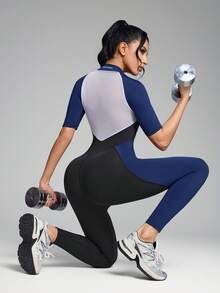 Innovista Women's Contrast Color Raglan Sleeve Zipper Front Ski Jumpsuit - Blue - View 3