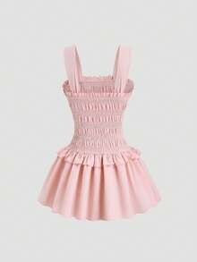 Sweetra 女士粉色派对连衣裙，圣诞派对连衣裙，新年装扮，感恩节装扮，沙滩裙，派对连衣裙，优雅派对连衣裙，新款春夏秋冬派对连衣裙，适合派对、通勤、日常、旅行、度假，系带蝴蝶结，A字裙摆，荷叶边下摆，褶裥设计，收腰，修身剪裁，可爱俏皮迷你连衣裙 - 粉色 - 查看 2