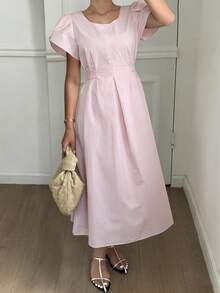 DAZY Đầm maxi nữ màu trơn tối giản, cổ tròn, tay ngắn, dài đến đầu gối, thích hợp mặc hàng ngày. - Hồng - Xem 2