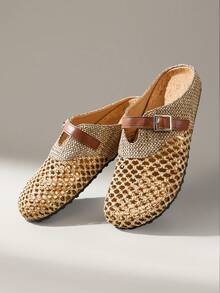Solecia Giày sandal quai ngang dệt cho nữ, mũi tròn, kiểu xỏ chân không gót, phong cách tối giản thoải mái, phù hợp cho kỳ nghỉ, đi làm, dạo phố, hẹn hò, trà chiều, giày bệt màu nâu, mùa xuân/hè. - màu nâu - Xem 6