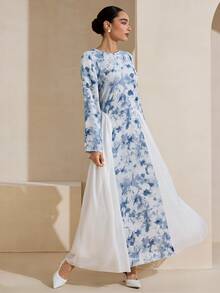 Graceveil Patchwork Floral Print Chiffon Waist Design Fashionable Arabic Style Dress - Blue - View 9