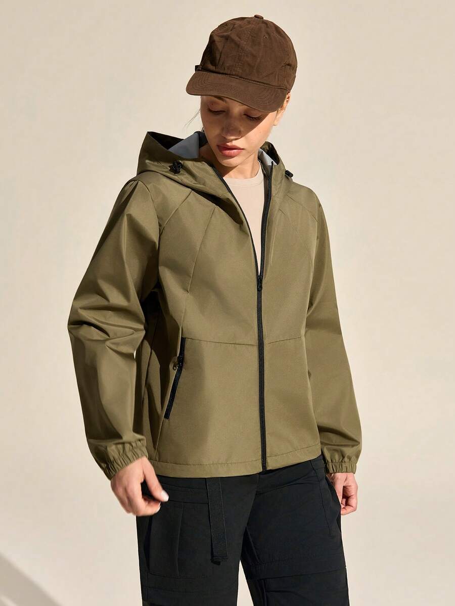 Exploreva Giacca da pioggia con cappuccio di colore unito da donna per uso esterno - Verde militare - Visualizzare 1