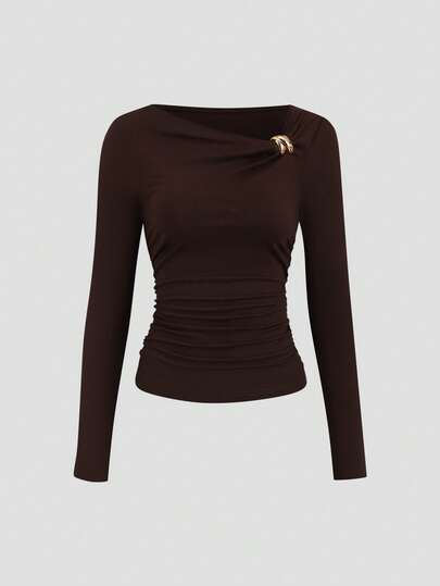 Sweetra Camiseta de hombro asimétrico con diseño vintage americano, camiseta estilizada de ajuste ceñido para mujer para el otoño