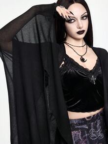 ROMWE Goth Áo khoác cardigan dệt kim mỏng cổ điển tay cánh dơi tối màu viền bất đối xứng - màu đen - Xem 9