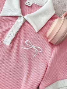 SHEIN Vestido ajustado de punto acanalado con cuello de contraste personalizado, botones y bordado de mariposa para niña preadolescente en color rosa y blanco, vestidos de verano - Rosa - Ver 4