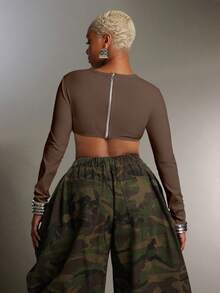 Denimoi Áo croptop tay dài có gọng nâng ngực, kiểu dáng gợi cảm, thời trang đường phố, thích hợp cho các buổi tiệc tùng, sự kiện GNO và concert. - màu nâu - Xem 3