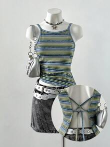 INAWLY 女士夏季休闲度假日常通勤时尚街头撞色条纹印花系带露背修身吊带衫 - 藍色 - 查看 1