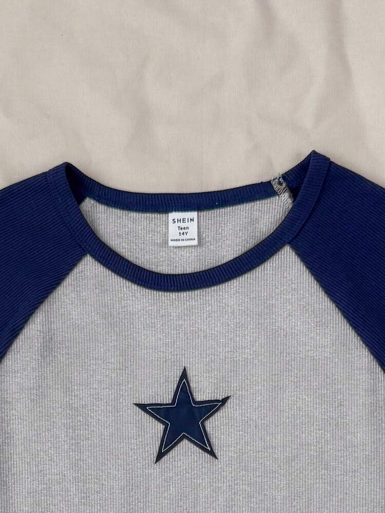 SHEIN Camiseta Casual e Confortável com Decote Redondo, Recortes e Estampa de Estrelas em Cores Contrastantes para Meninas Pré-Adolescentes - Multicolorido - Visão 5
