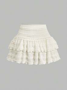 SHEIN Apricot Textured Knit Casual Vacation Double Ruffle Hem Skater Skirt For Teen Girls, Ruffle Skirt, Cute Skirt - Apricot - View 6