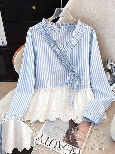SHEIN Franclia 女士休闲通勤条纹拼接刺绣衬衫，领口系带设计