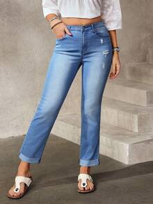 EMERY ROSE Women's Pocket Distressed Skinny Casual Versatile Jeans - Blue - View 3