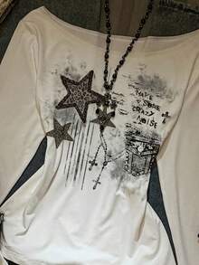 SHEIN EZwear 休闲街头复古星空涂鸦印花加大码不对称露肩荷叶边长袖T恤，性感露肩套头衫，适合秋冬季、返校季、复古、朋克风等场合。 - 白色 - 查看 4