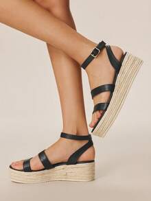 Styleloop Sandalias de cuña con plataforma para mujer, sandalias de cuña con plataforma casual de unicolor y tejido de moda con suela gruesa, sandalias de cuña de lona con correa de tobillo estilo bohemio retro, estilo de atuendo para fiesta del festival de música del oeste americano, atuendo de vacaciones, esencial de viaje - Negro 6 - Ver 7