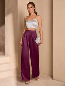 EURMUSE Quần ống rộng xếp ly màu trơn bằng vải satin dành cho nữ. - Màu Đỏ Sâu - Xem 5
