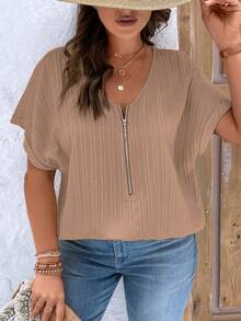 EMERY ROSE Plus Size Women's Solid Color Simple Daily Short Sleeve Shirt For New Year Clothes - Khaki - View 4