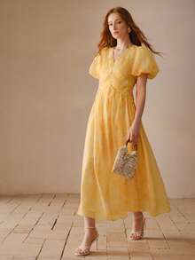 MOTF PREMIUM 女士印花泡泡袖撞色蕾丝连衣裙 - 黃色 - 查看 5