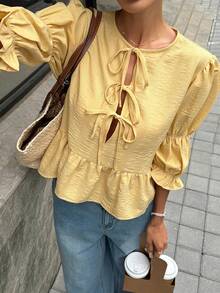 Livesso Casual Women's Blouse With Puff Sleeves, Round Neck And Tie - Yellow - View 1
