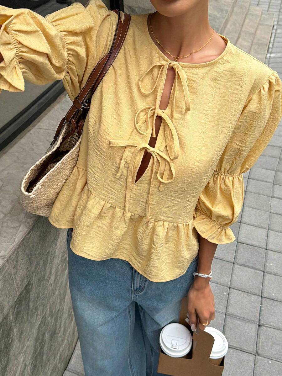 Livesso Casual Women's Blouse With Puff Sleeves, Round Neck And Tie - Yellow - View 1