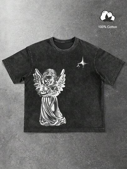 Manfinity EMRG 男士纯棉天使翅膀和十字架人像印花休闲街头风圆领短袖T恤