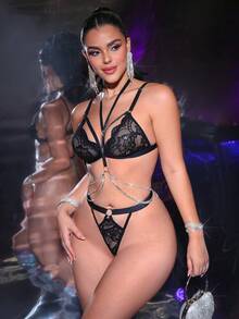 3pcs Lace Black Sensual Diamond Chain Luxury Sexy Set - Black - View 5