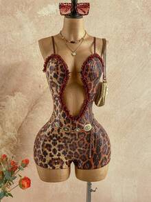 Soleia Mono de mujer con estampado de leopardo, volantes con lentejuelas y recortes calados, sexy - Café integral - Ver 8