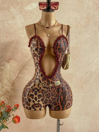 Soleia Women's Leopard Print Sequin Frill Trim Hollow Out Sexy Camisole Romper
