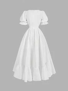 SHEIN MOD 女士白色交叉V领扭腰优雅泡泡袖连衣裙 - 白色 - 查看 6
