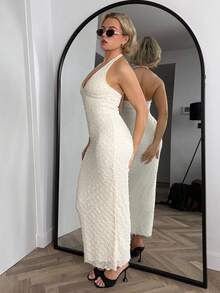 Bethéva 春夏新款浪漫 V 领纹理紧腰修身长裙，优雅约会之夜造型 - 杏色 - 查看 5