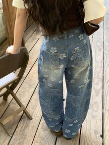 DAZY Women's Patchwork Loose Wide-Leg Casual Jeans, Japanese Street Style - Blue - View 1