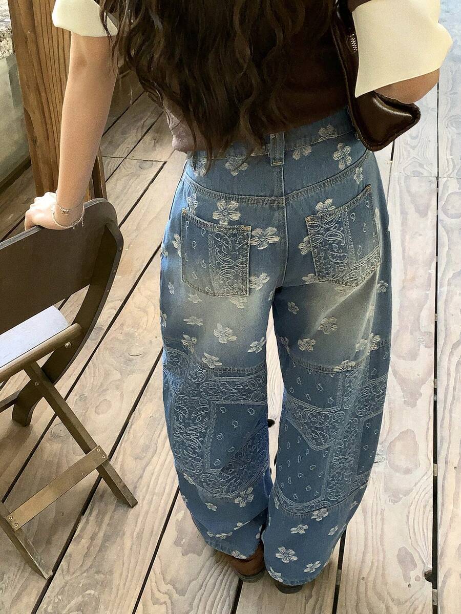 DAZY Women's Patchwork Loose Wide-Leg Casual Jeans, Japanese Street Style - Blue - View 1