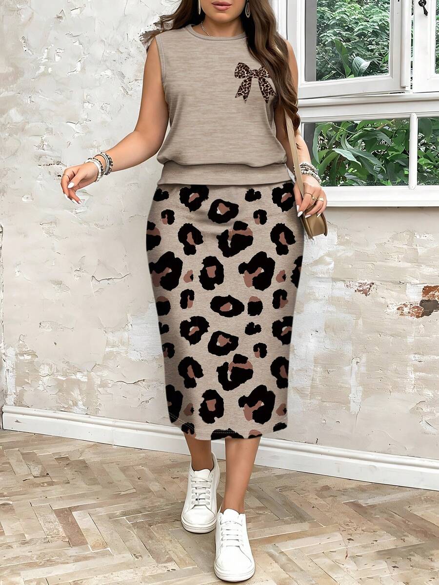 大码女式豹纹蝴蝶结装饰短袖上衣和半裙休闲套装两件套女式休闲两件套女式半裙豹纹半裙女式半裙 - 彩色 - 查看 1