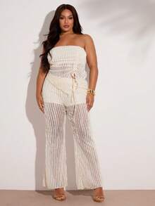 SHEIN BAE Plus Size Women's Apricot Sheer Bandeau Top And Straight Leg Pants Set Summer Pant Set Mesh Pant Set, Summer Outfits - Apricot - View 6