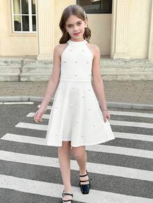 SHEIN Đầm chữ A không tay cổ tàu màu trắng trơn dáng suông cho bé gái tuổi teen - trắng - Xem 6