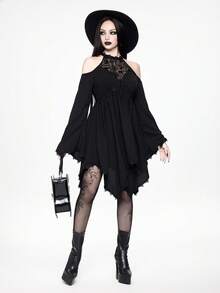 ROMWE Boho Goth Dark Forbidden Forest Snake Dreamcatcher Embroidery Hollow Design Flare Sleeve Asymmetrical Hem Dress - Black - View 3