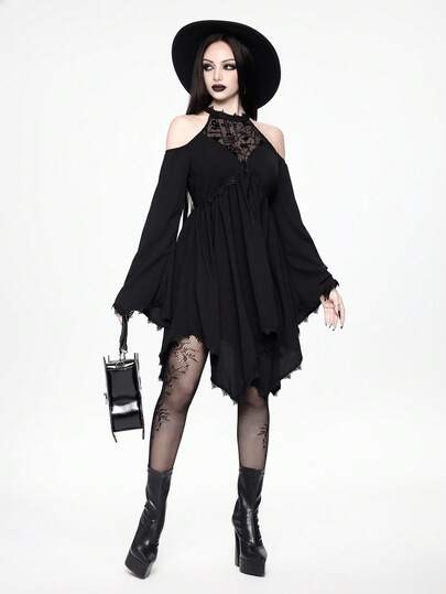 ROMWE Boho Goth Dark Forbidden Forest Snake Dreamcatcher Embroidery Hollow Design Flare Sleeve Asymmetrical Hem Dress