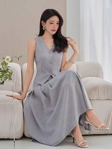 DAZY 女士优雅纯色V领仿口袋褶裥背心和半裙两件套，夏季婚礼宾客礼服 - 藍色 - 查看 8